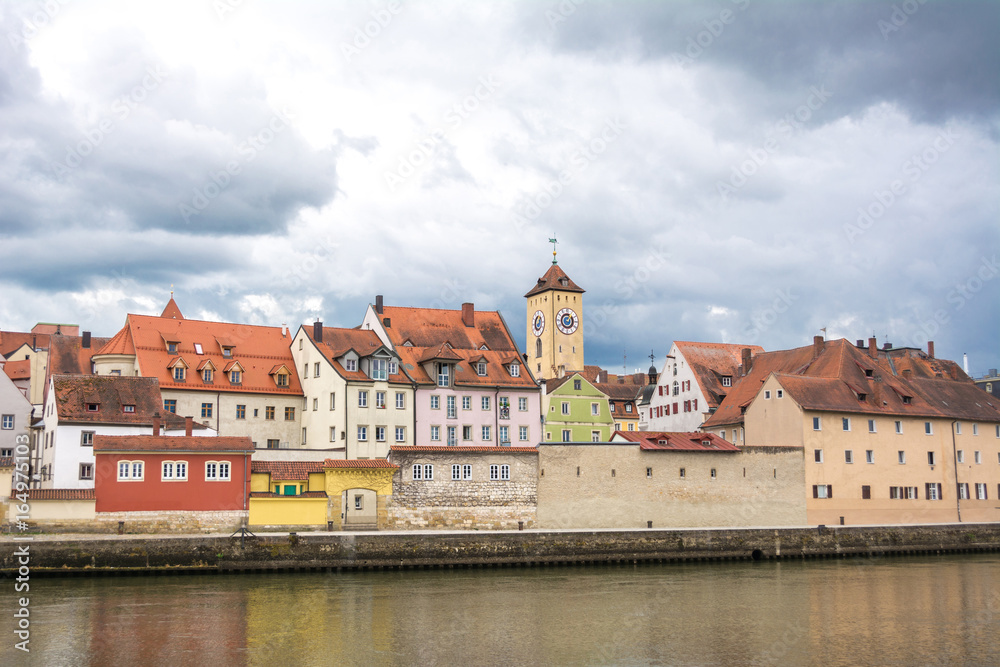 Old town of Regensburg at the river Danube on a cloudy day, Bavaria, Germany