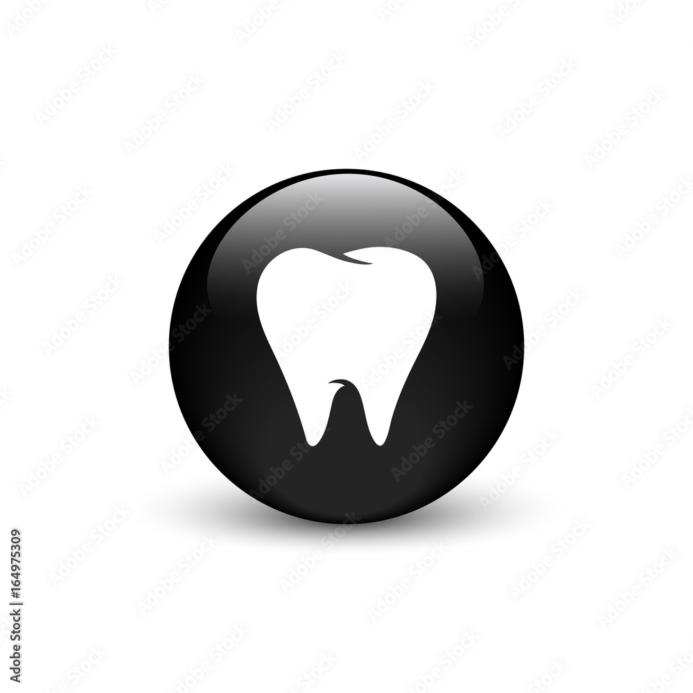 Tooth vector icon, black glass button with shadow Tooth vector icon, black glass button with shadow