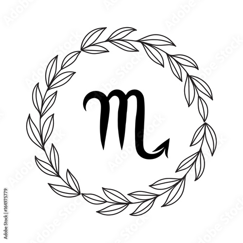 Hand drawing flat scorpio symbol in rustic floral wreath