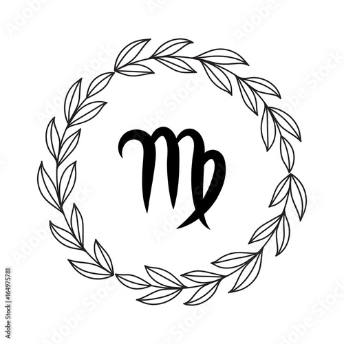 Hand drawing flat virgo symbol in rustic floral wreath