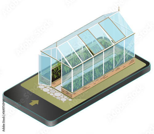 Vector isometric greenhouse with glass walls in mobile phone, isometric. Horticultural conservatory and growing vegetables, flowers in communication technology, paraphrase. Isolated, white background.