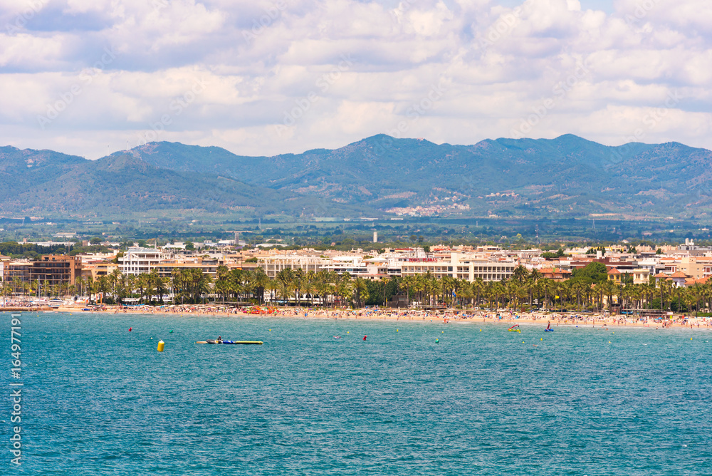 Coastline Costa Dorada, main beach in Salou, Tarragona, Catalunya, Spain. Copy space for text.
