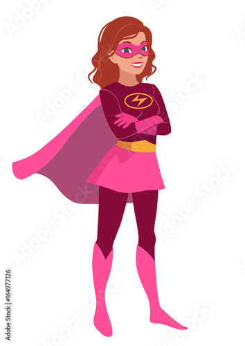 Vector cartoon character illustration of a friendly smiling confident young Caucasian woman wearing a Superhero costume with cape and mask, standing with folded arms, in contemporary flat style фототапет