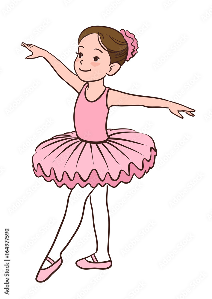Vettoriale Stock Cartoon vector illustration of a smiling little Caucasian  ballerina girl wearing pink leotard, tutu and ballet slippers, standing  gracefully with arms apart and pointed left foot | Adobe Stock