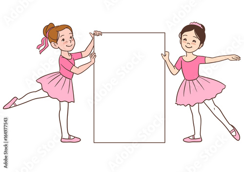 Vector cartoon character illustration of two cute little ballerina girls dressed in pink leotards and tutus, holding a blank sign template. Multicultural Caucasian and Asian girls in ballet positions