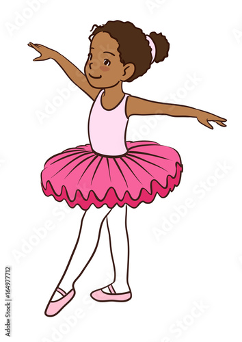 Hand drawn vector character cartoon illustration of a little African-American cute dancing ballerina girl in pink leotard, tutu and ballet slippers, isolated on white background.