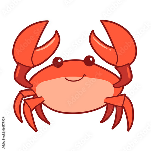 Vector hand drawn cartoon illustration of a cute smiling happy crab character, lifting up claws, isolated on white background.