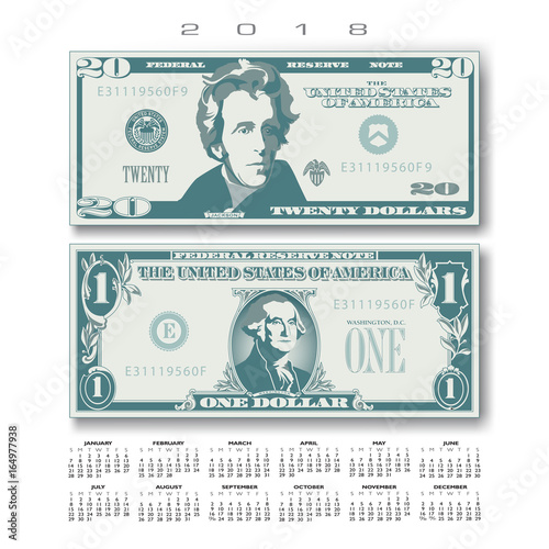 2018 Calendar with two US bills greatly simplified and stylized   