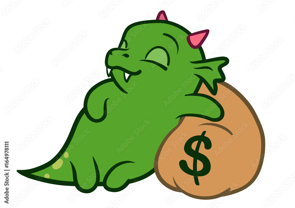 Cute cartoon monster dragon sleeping on bag of money Cute cartoon monster dragon sleeping on bag of money