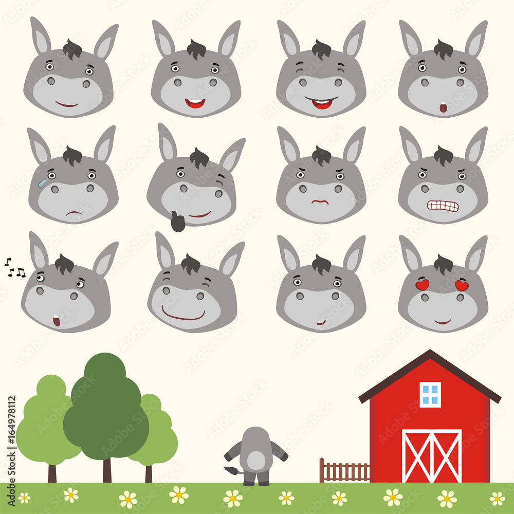 Emoticons set face of donkey in cartoon style. Collection isolated heads of donkey in different emotion and his body on meadow with farm house.