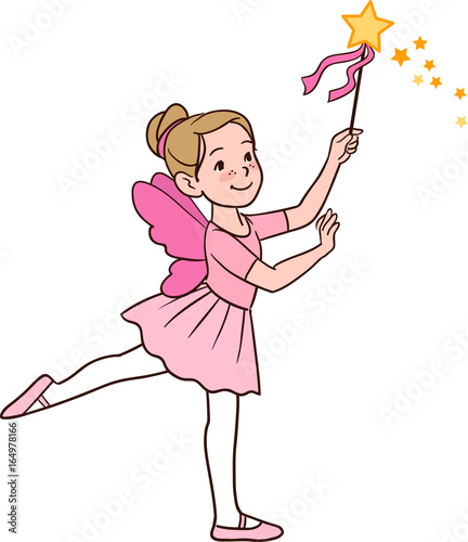 Vector hand drawn cartoon character illustration of a smiling cute little Caucasian ballerina girl dancing in a fairy costume with wings and magic wand, in a ballet stance, isolated on white.