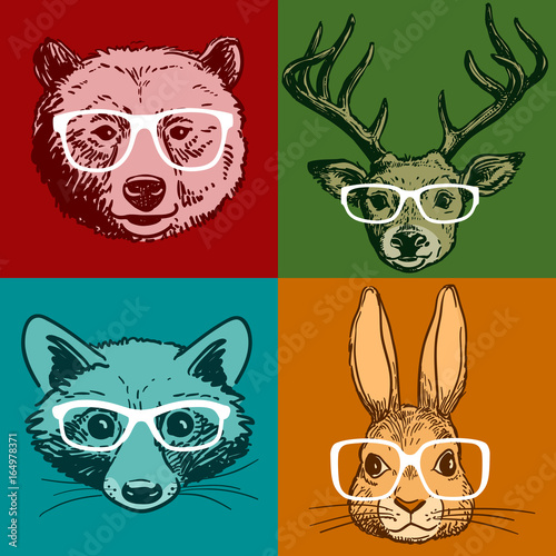 Hipster animal portraits, pen and ink bear, deer, raccoon, bunny 