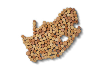 Countries winemakers - maps from wine corks. Map of South Africa on white background. Clipping path included.