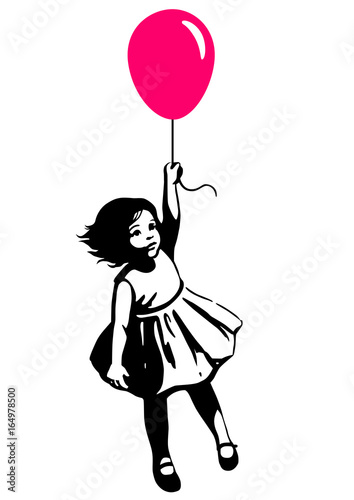Little girl floating ion red balloon street art graffiti style