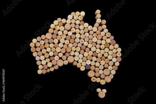Countries winemakers - maps from wine corks. Map of Australia on black background. Clipping path included.