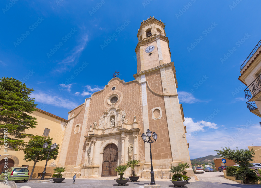 Parish Church Santa Maria Assumpta in Les Borges del Camp, Tarragona, Catalunya, Spain. Copy space for text.