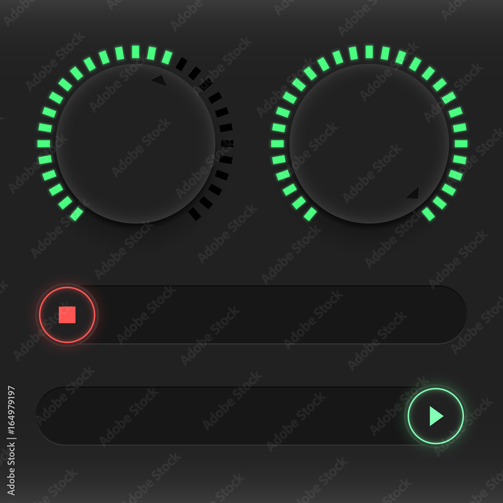 Set of buttons and sliders. Luminous, neon control user interface. Sound management. Red and green sliders on and off Set of buttons and sliders. Luminous, neon control user interface. Sound management. Red and green sliders on and off