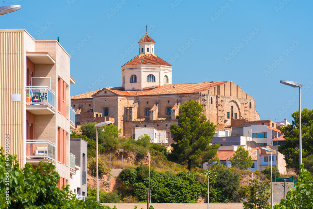 View of Mont-roig del Camp and the church of St. Miguel, Tarragona, Catalunya, Spain. Copy space for text.