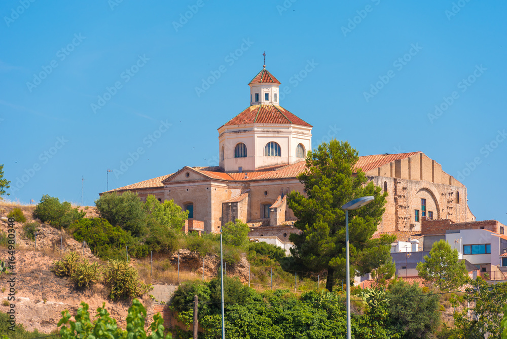 View of Mont-roig del Camp and the church of St. Miguel, Tarragona, Catalunya, Spain. Copy space for text.