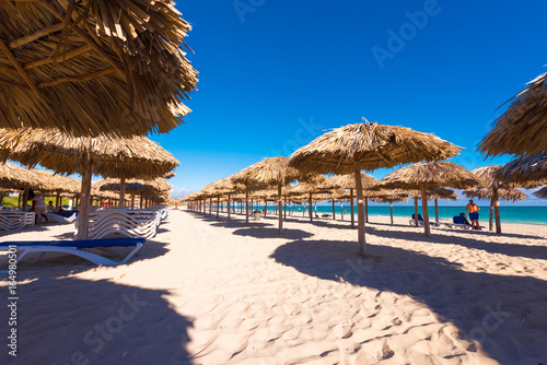Fototapeta Naklejka Na Ścianę i Meble -  View of the sandy beach in Varadero, Matanzas, Cuba. Copy space for text.