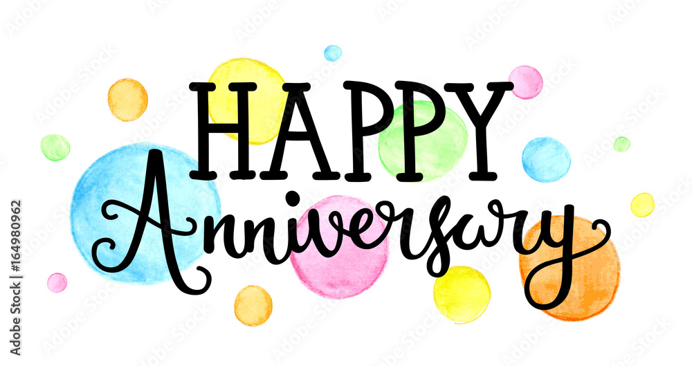 HAPPY ANNIVERSARY hand lettering icon with watercolour dots Stock ...