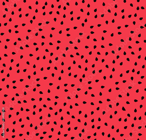 Watermelon seeds summer seamless pattern, black seeds on red background