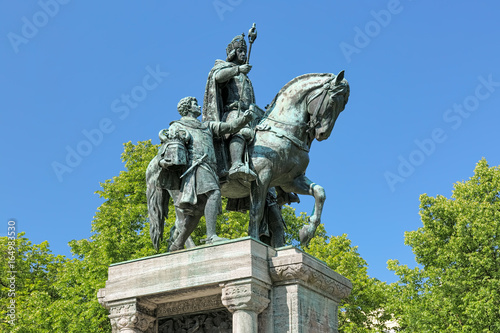 Obraz na płótnie Ludwig IV monument in Munich, Germany. It was erected in 1905. Relief on the pedestal depicts the scene from Battle of Muhldorf (1322). Text above the relief reads: