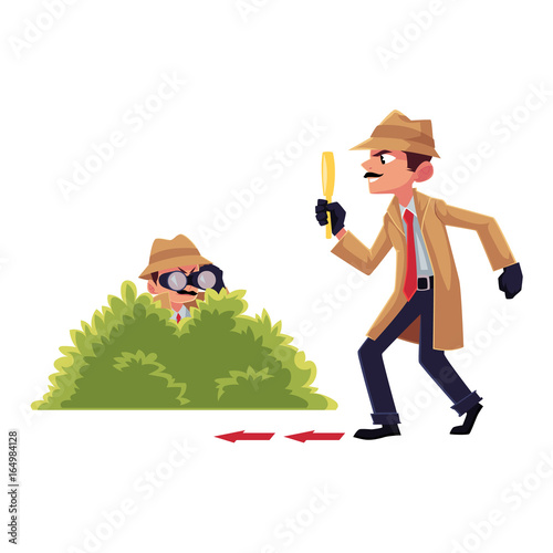 Comic detective character doing surveillance work, spying from bush, following suspect, cartoon vector illustration isolated on white background. Full length portrait of funny detective character