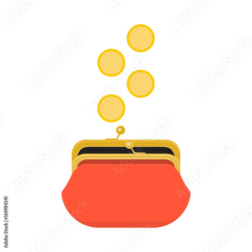 Red opened purse infographics concept. Gold coins raining to open wallet. Golden coins money dropping or falling in open purse. Vector illustration