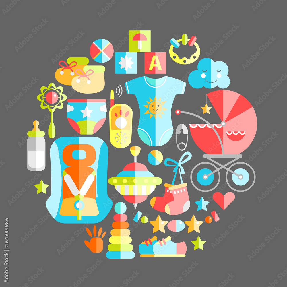 Fototapeta premium Vector flat infancy round illustration. Baby infancy products. T