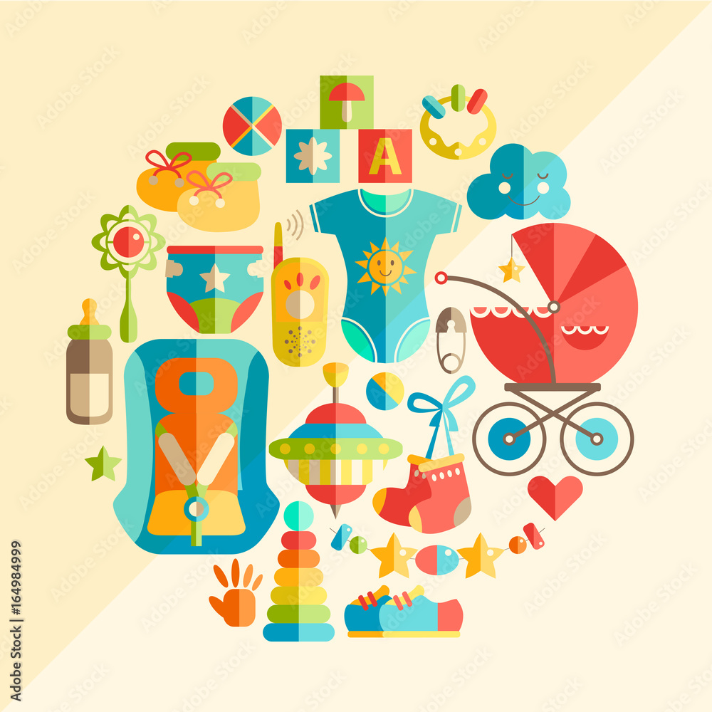 Fototapeta premium Vector flat infancy round illustration. Baby infancy products. T