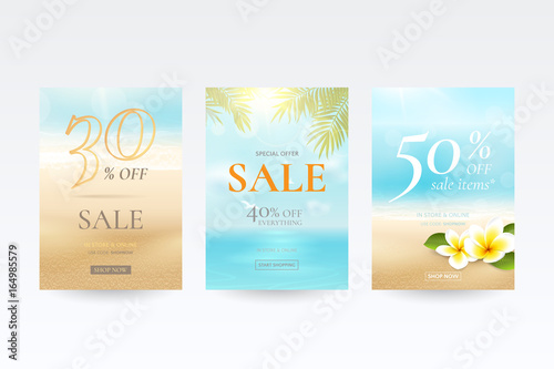 Vector set of banners for summer sale with beach, sea, waves, palm leaves and tropical flowers. Travel background with plumeria and blurred effect for discount offers. File contains clipping mask.