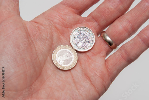 Pound coin and one Euro coin being held in a persons hand