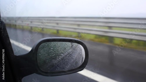 Raining on a mirror while driving a car