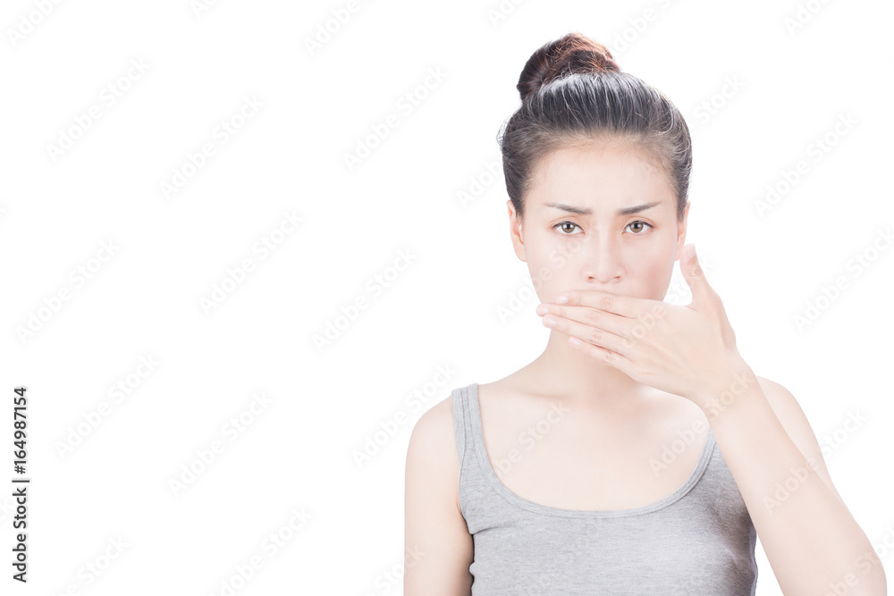 Woman covering mouth, on white isolated background. Woman covering mouth, on white isolated background.