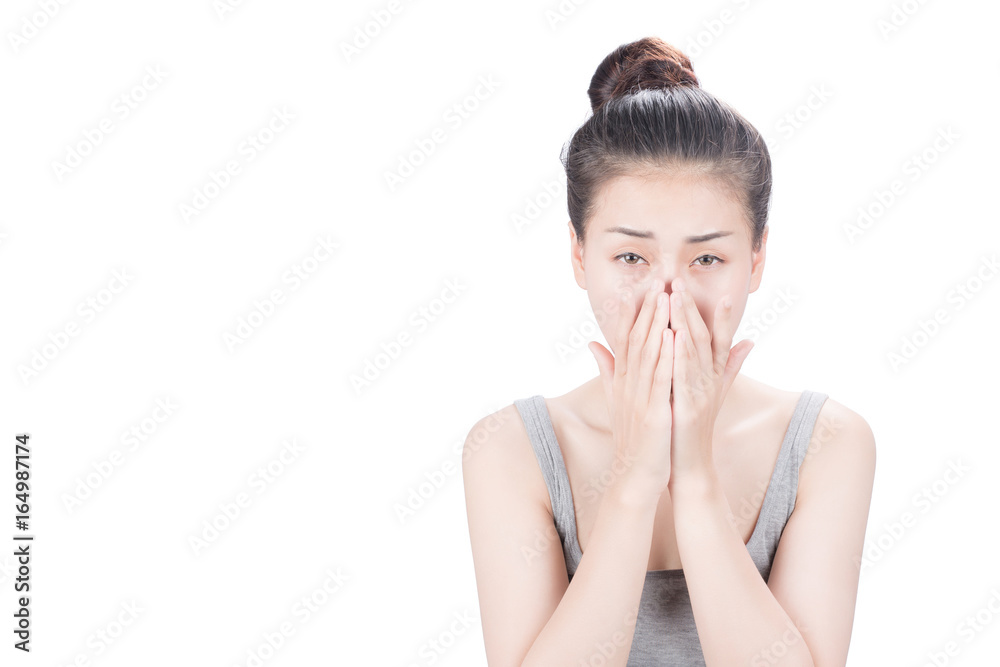 Woman covering mouth, on white isolated background. Woman covering mouth, on white isolated background.