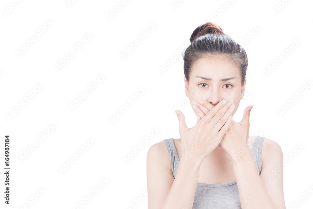 Woman covering mouth, on white isolated background. Woman covering mouth, on white isolated background.