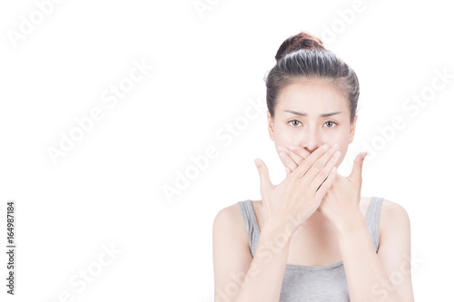 Woman covering mouth, on white isolated background.