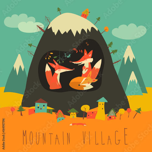 Cute village by the mountain with foxes inside the cave