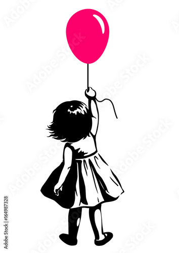 Fototapeta Wektorowa ręka rysująca czarny i biały sylwetki ilustracja berbeć dziewczyny pozycja z różowym czerwień balonem w ręce, tylny widok. Urban street art style graffiti szablon sztuki projektowania elementu.