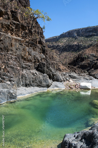 Yemen: vista del lago di montagna, il wadi, a Dirhur, nella foresta degli alberi di drago tra le montagne del Dixam Plateau sull'isola di Socotra