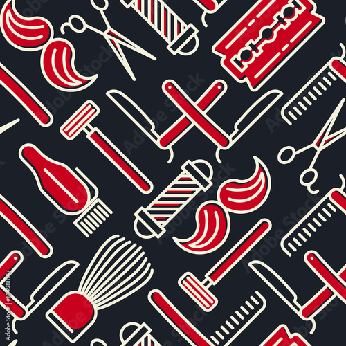 Barber shop seamless pattern with thin line icons of shaving accessories. Vector illustration for background in red and blue colors.