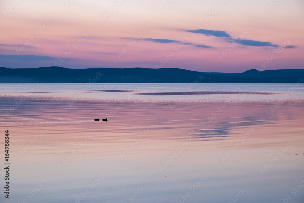 calm purple sunset at Balaton lake in summer