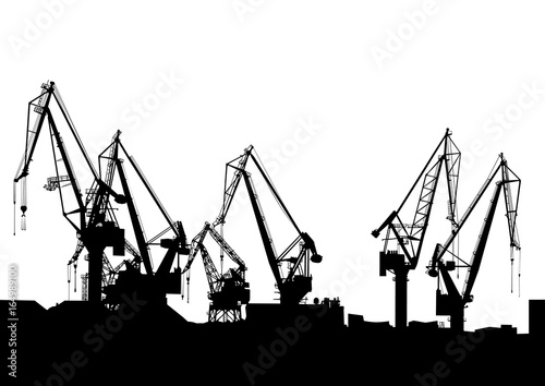 Cargo cranes in the seaport on white background
