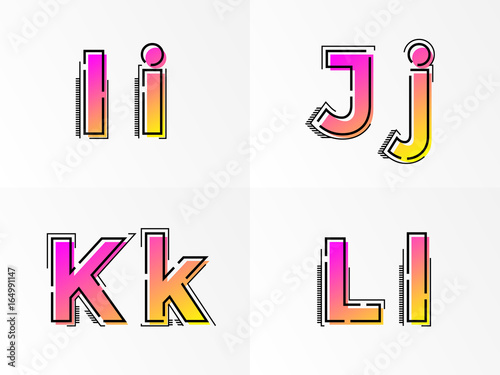 Alphabet set letters I, J, K, L vector font gradient color line
