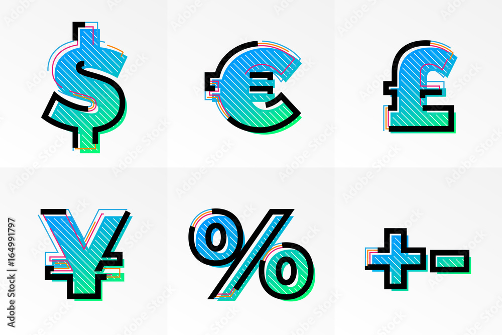 Font currency signs memphis symbols set letters vector gradient color line Font currency signs memphis symbols set letters vector gradient color line
