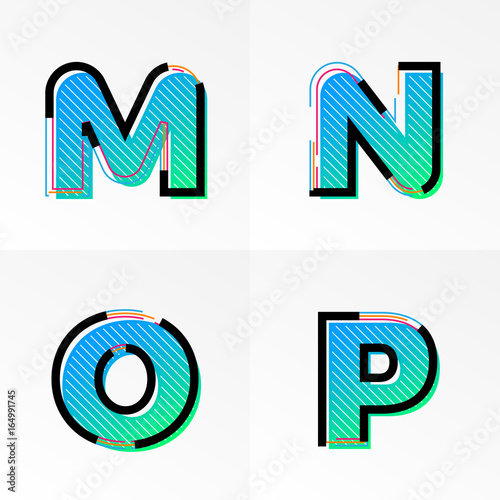 Font alphabet set letters M, N, O, P vector gradient color memphis