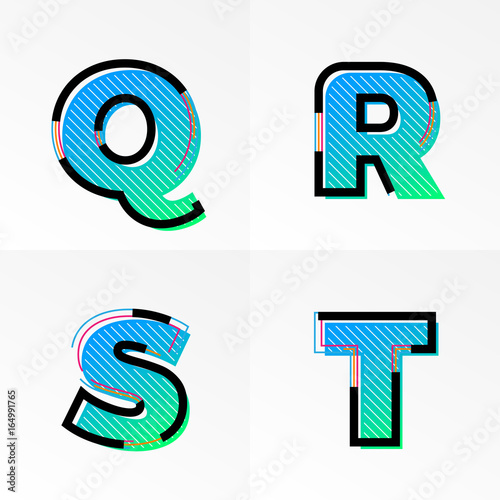 Font alphabet set letters Q, R, S, T vector gradient color memphis