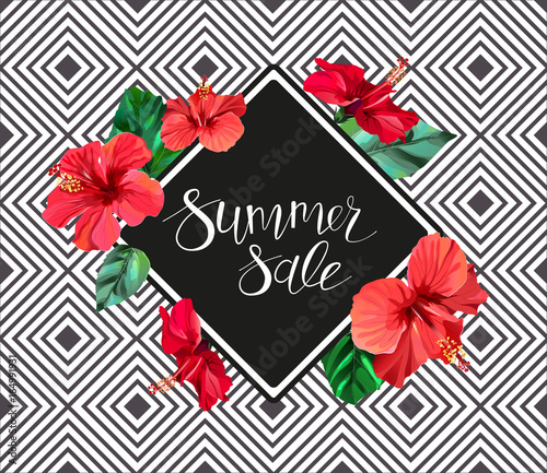 Summer sale announcement poster, banner, flyer. Composition with lettering on hibiscus flowers and leaves background.