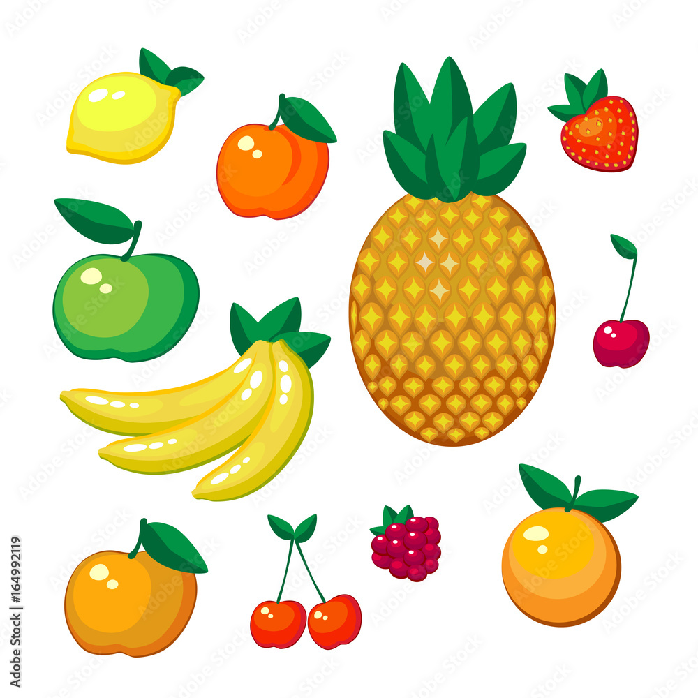 A set of pineapple fruits, apple, apricot, peach, cherry, cherry, raspberry, Lemon, orange, banana. Badges, stickers. Flat design .Vector illustration.